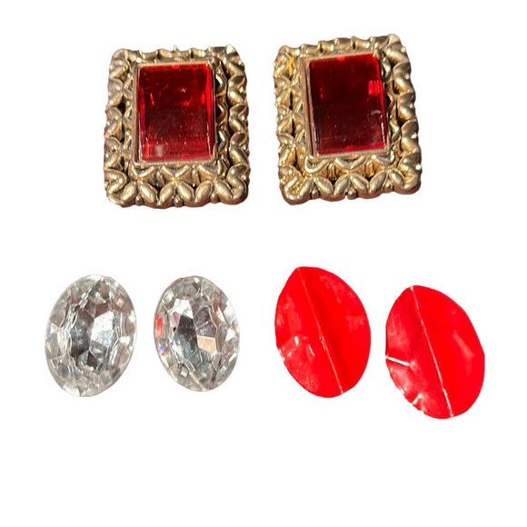 Vintage reds and rhinestones clip on earrings three pairs - Picture 1 of 5
